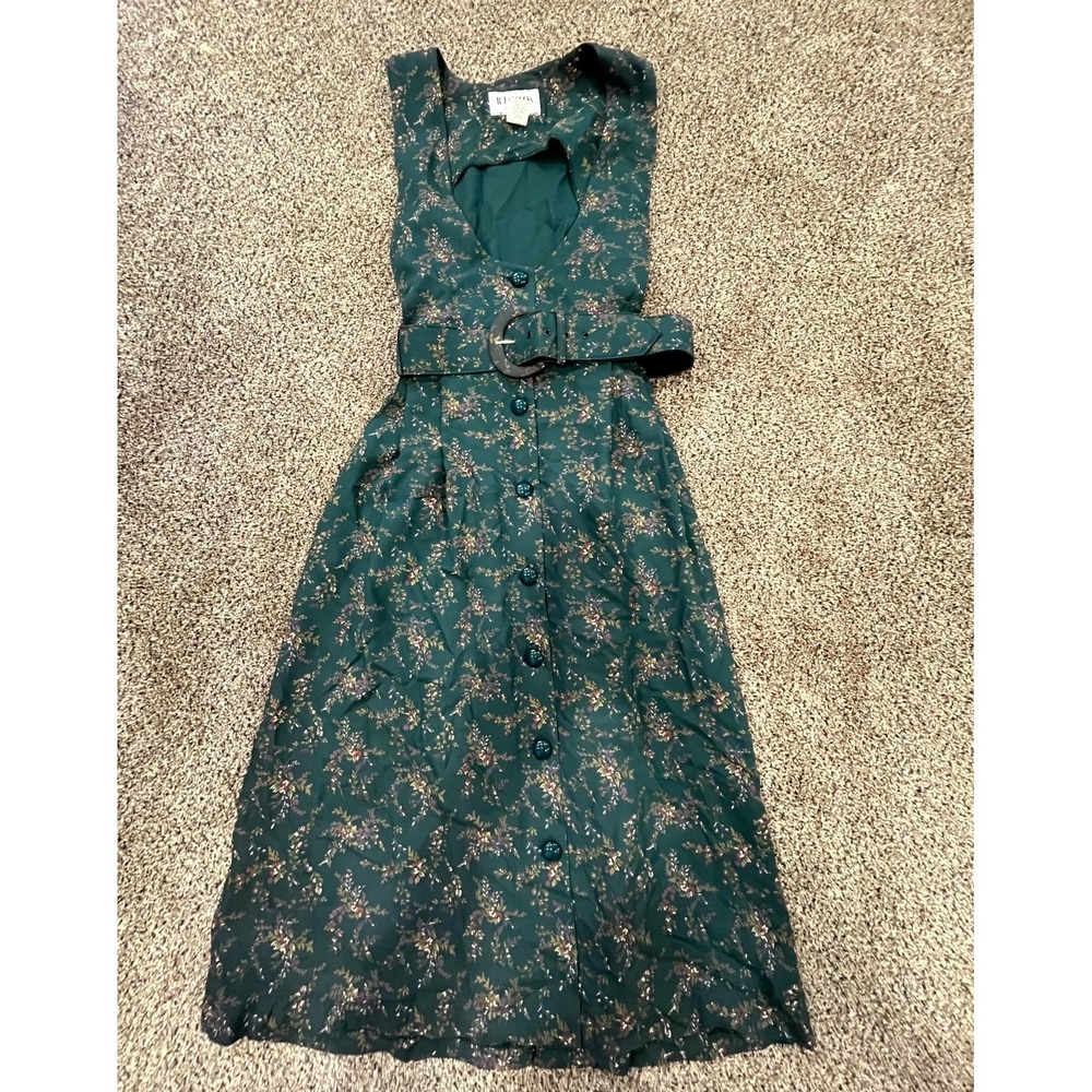 Vintage R.J. Stevens Midi Dress Womens 10 Green Floral Belted Waist Sleeveless